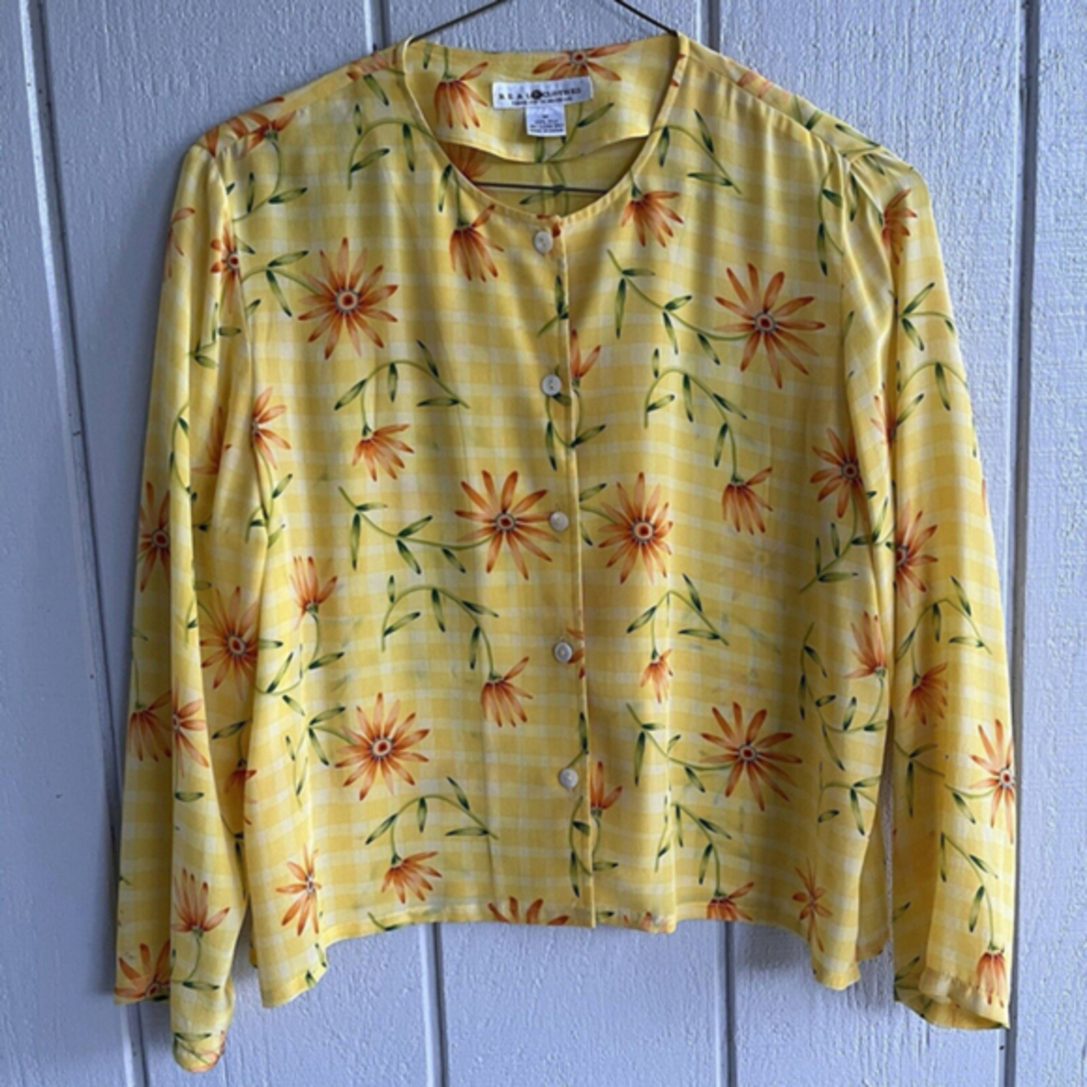 Vintage 90s Saks 100% Silk Button Down Blouse Yellow Plaid and Floral Print Sz M